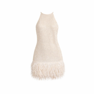 Champagne Sequin Feather Hem Mini Dress (Small)