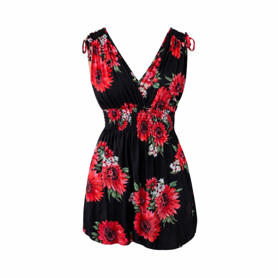 Black Floral V-Neck Smocked Dress (Large)
