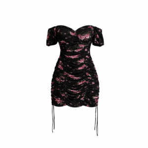 Black Floral Off-Shoulder Ruched Dress (Large)