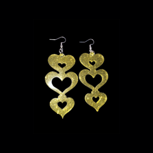 Gold Glitter Triple Heart Drop Earrings